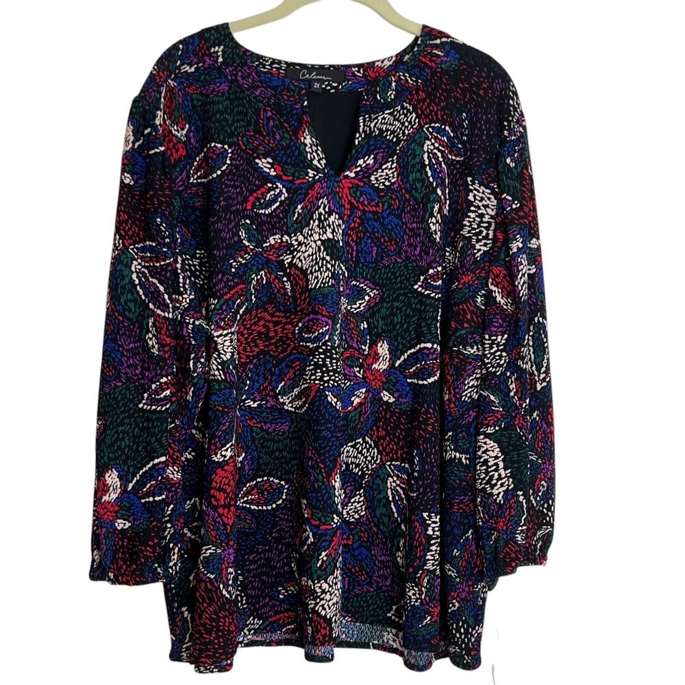 Calessa Womens Top 2X Multicolor Abstract Floral Print 3/4 Sleeve Tunic